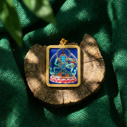 Tibetan thangka style pendant with deity art, on wood and green fabric, Himalayan jewelry